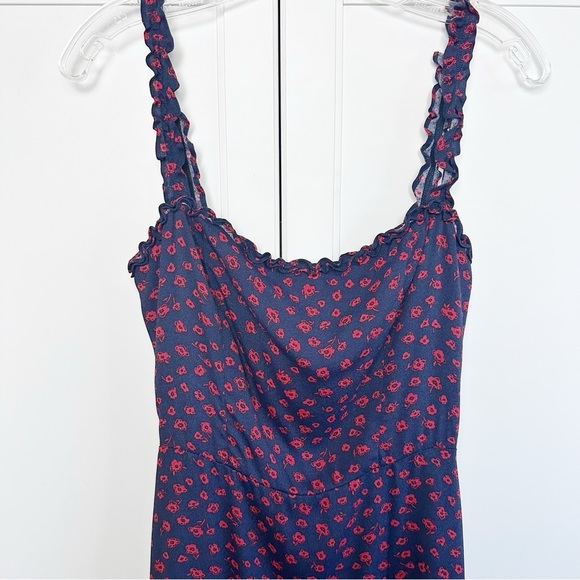 REFORMATION Virgil Dress Navy/Red Floral Print Ruffle Strap GRANADA Crepe Midi - Picture 7 of 16